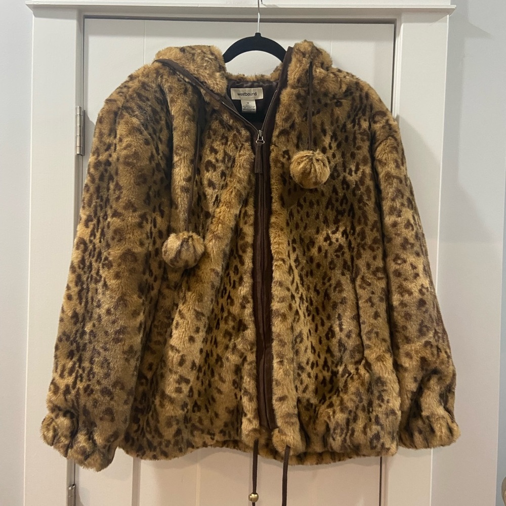 Mob Wife Aesthetic Faux fur animal print jacket hood & Pom poms Westbound Medium
